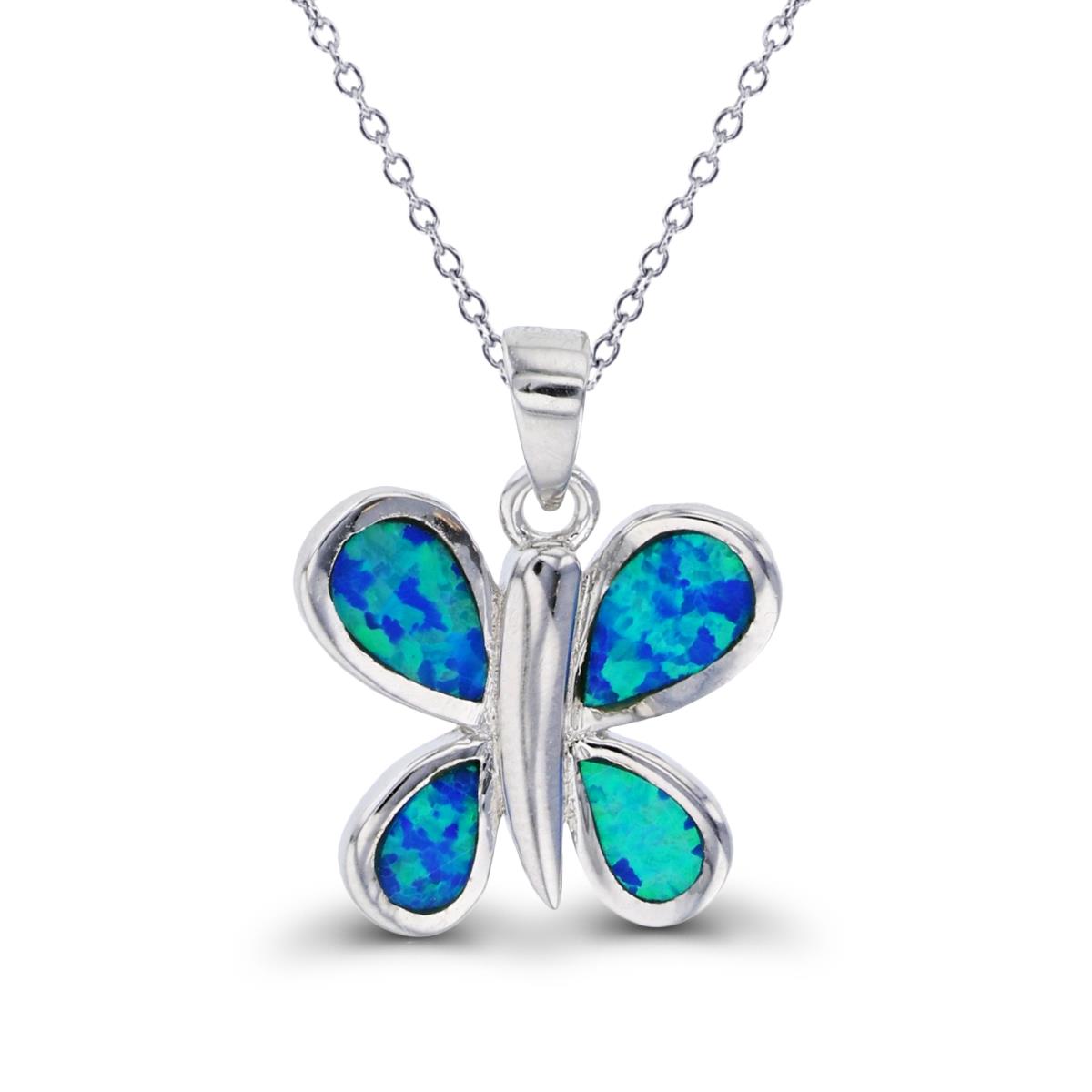 Sterling Silver Rhodium Created Opal Butterfly 16''+2'' Necklace