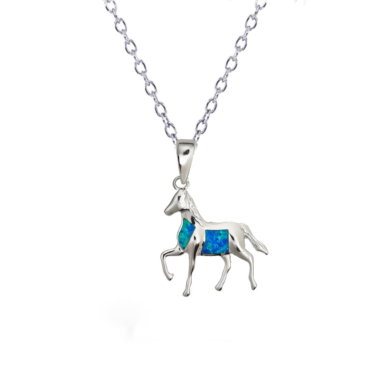 Sterling Silver Rhodium Created Opal Horse 16