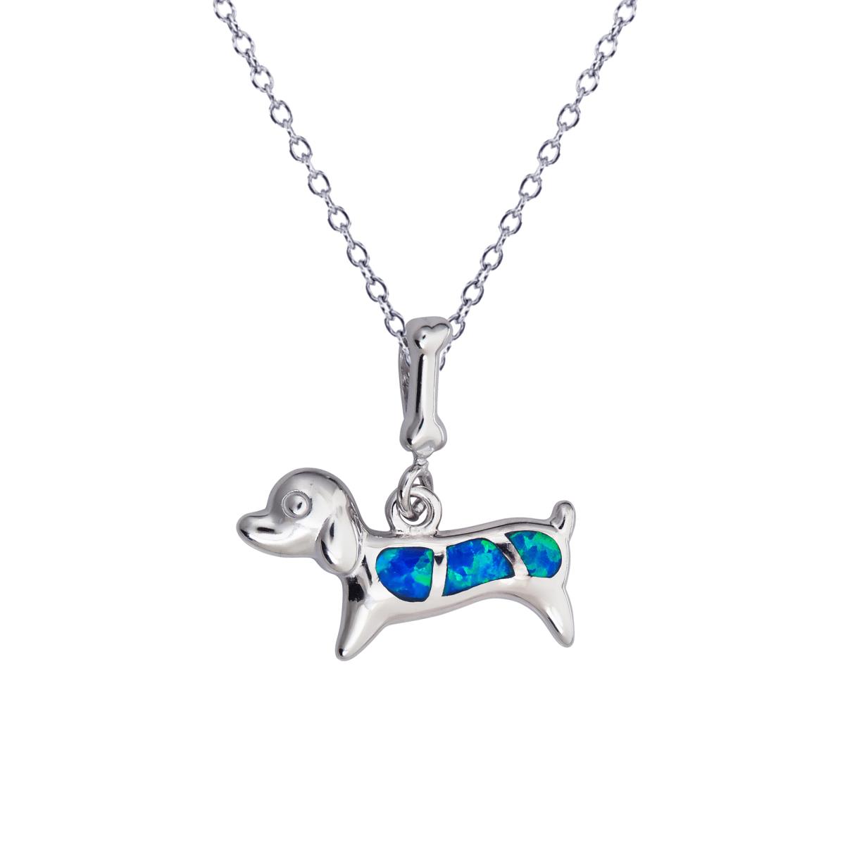 Sterling Silver Rhodium Created Opal Dog 16