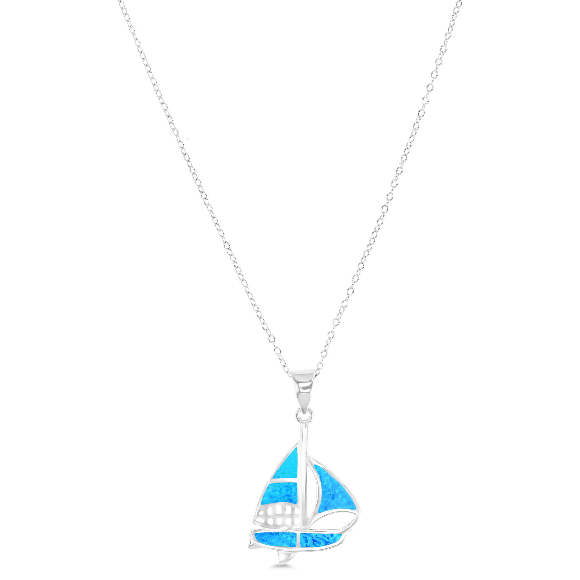 Sterling Silver Rhodium Created Opal Ship 16