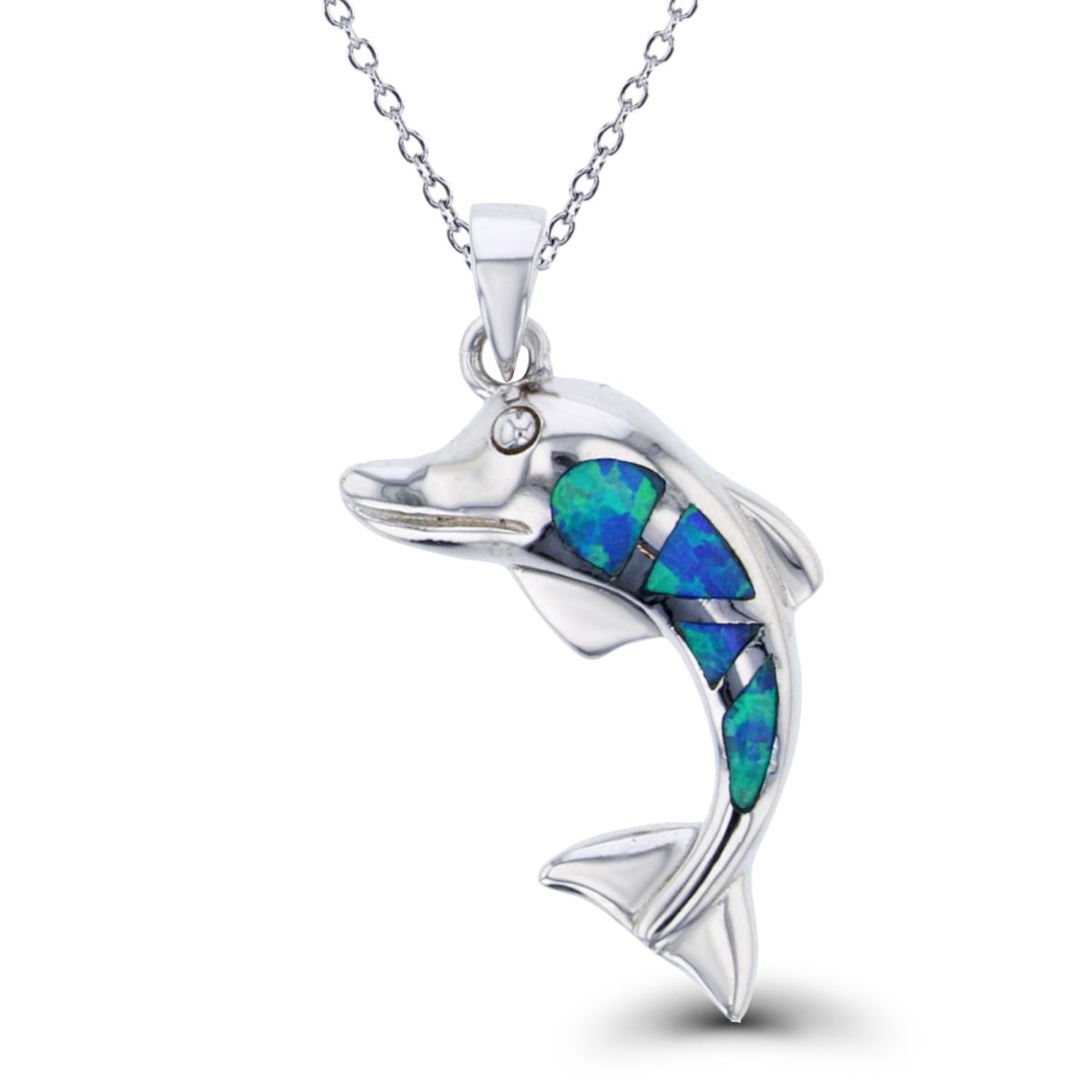 Sterling Silver Rhodium Created Opal Dolphin 16''+2