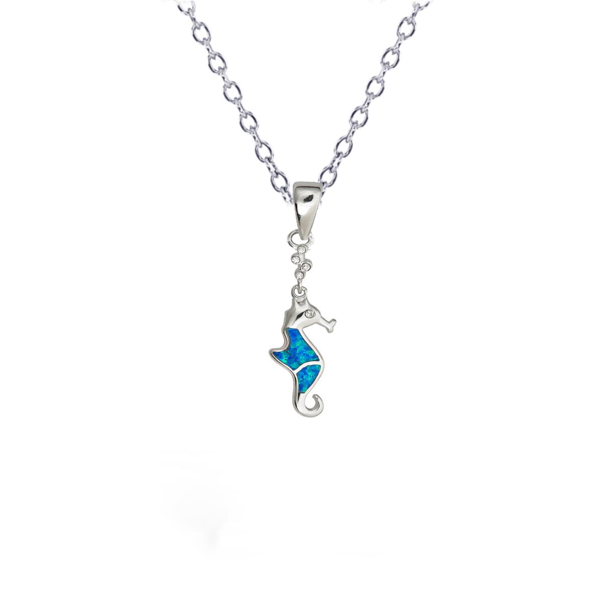 Sterling Silver Rhodium Created Opal Seahorse 16