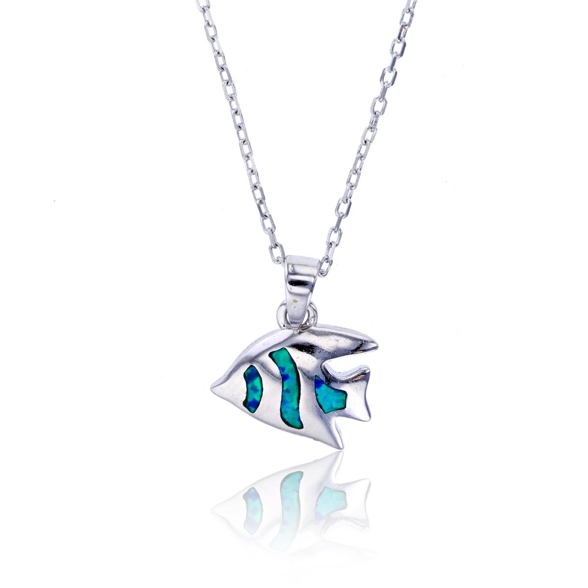 Sterling Silver Rhodium Created Opal Fish 16