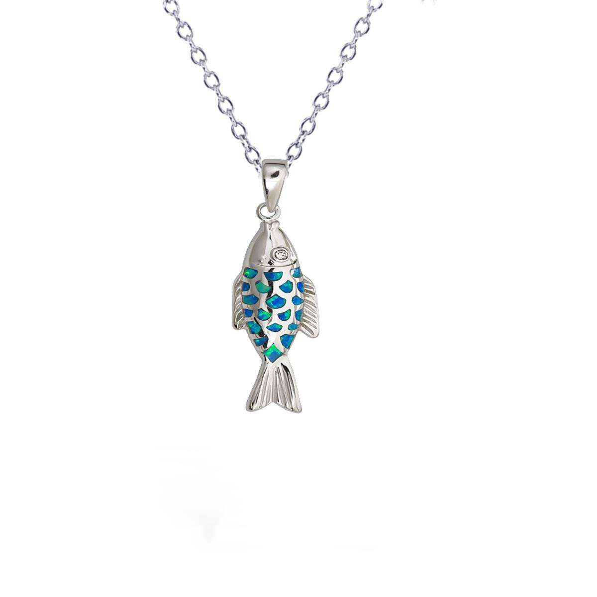 Sterling Silver Rhodium Created Opal Fish 18" DC Cable Chain Necklace