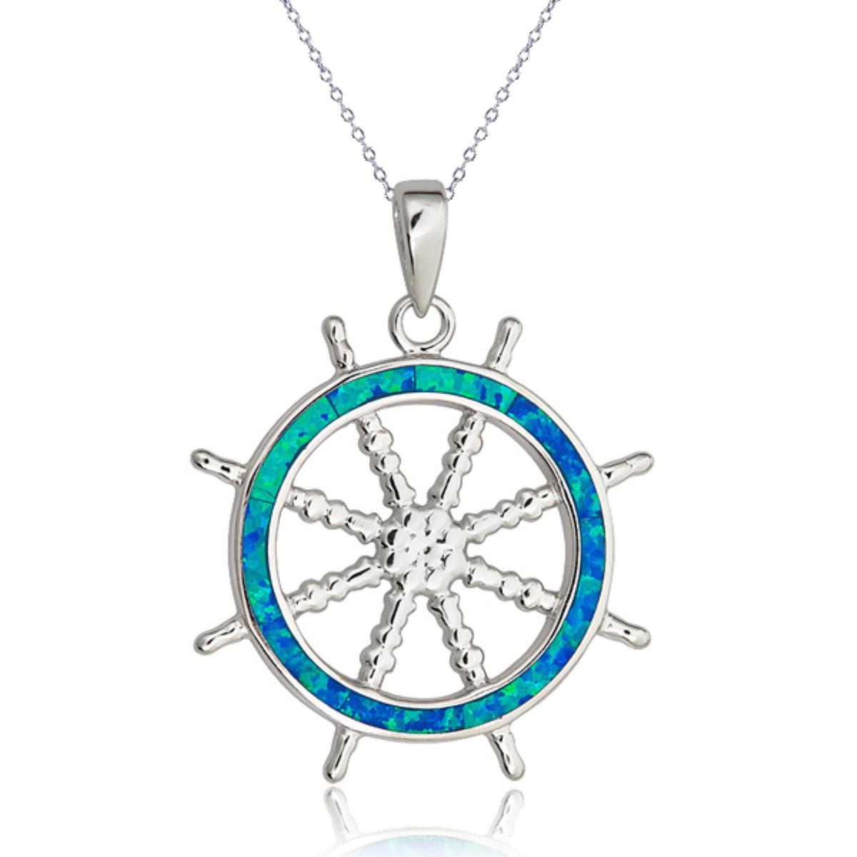 Sterling Silver Rhodium Created Opal Ship Wheel 18" DC Cable Chain Necklace