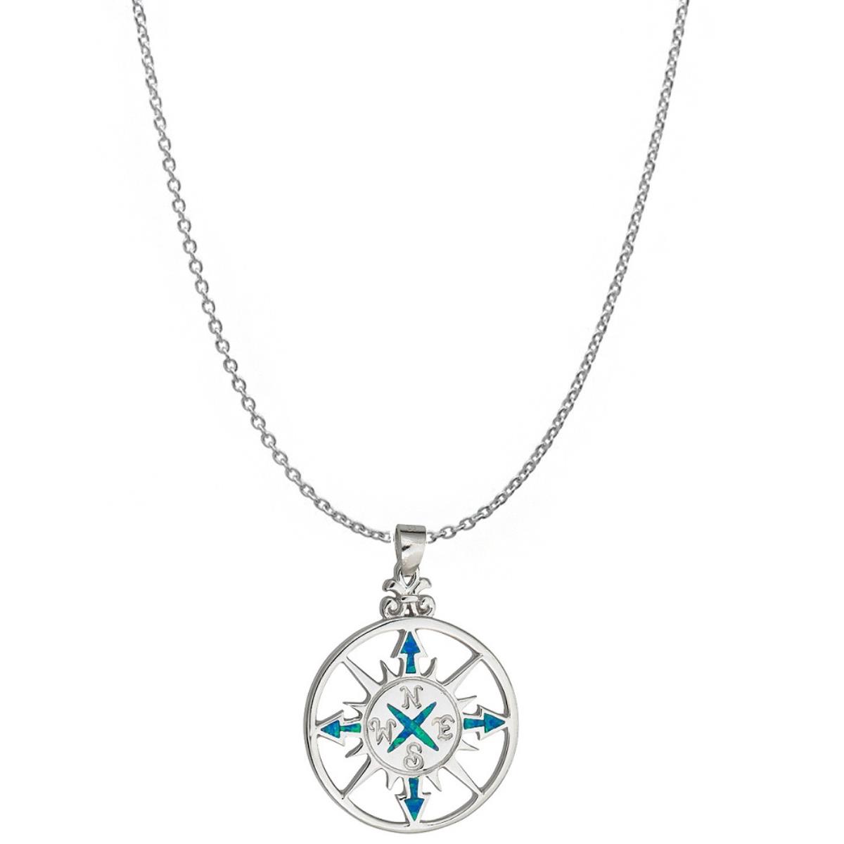Sterling Silver Rhodium Created Opal Compass 16