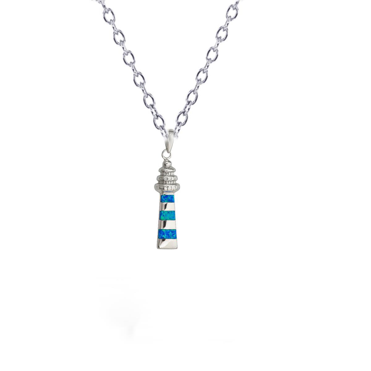 Sterling Silver Rhodium Created Opal Lighthouse 18" Necklace