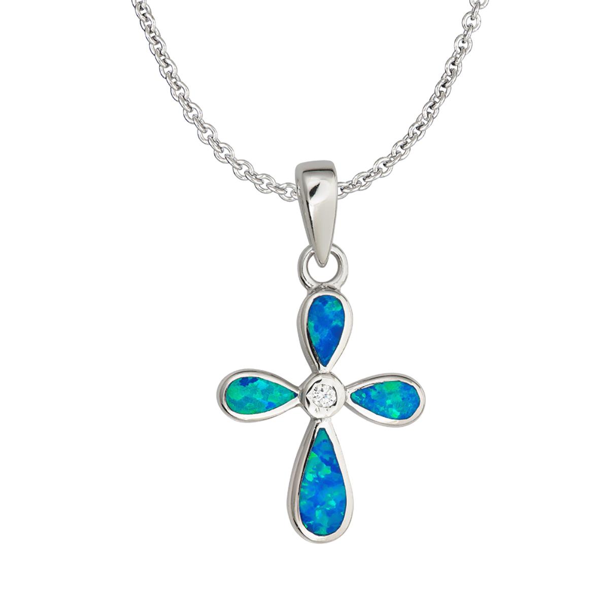 Sterling Silver Rhodium Created Opal Cross w/ CZ 16''+2
