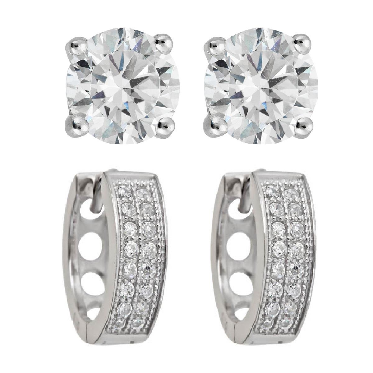 Platinum Plated Brass Pave Huggie Earring & Stud Set