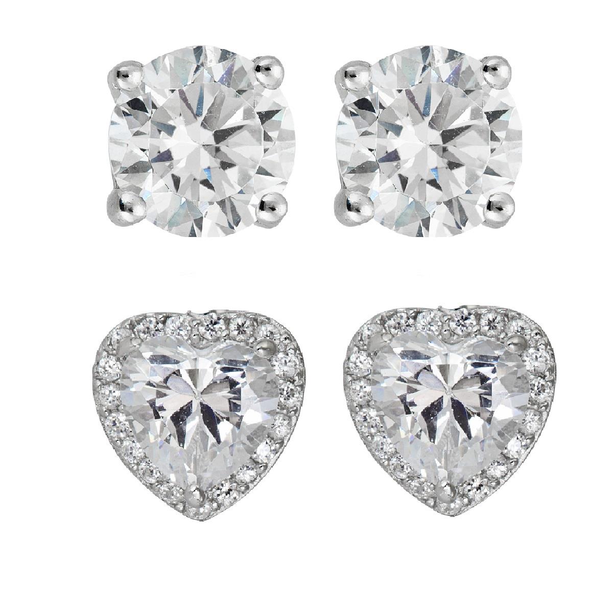 Platinum Plated Brass Pave Halo Heart & Round Stud Earring Set