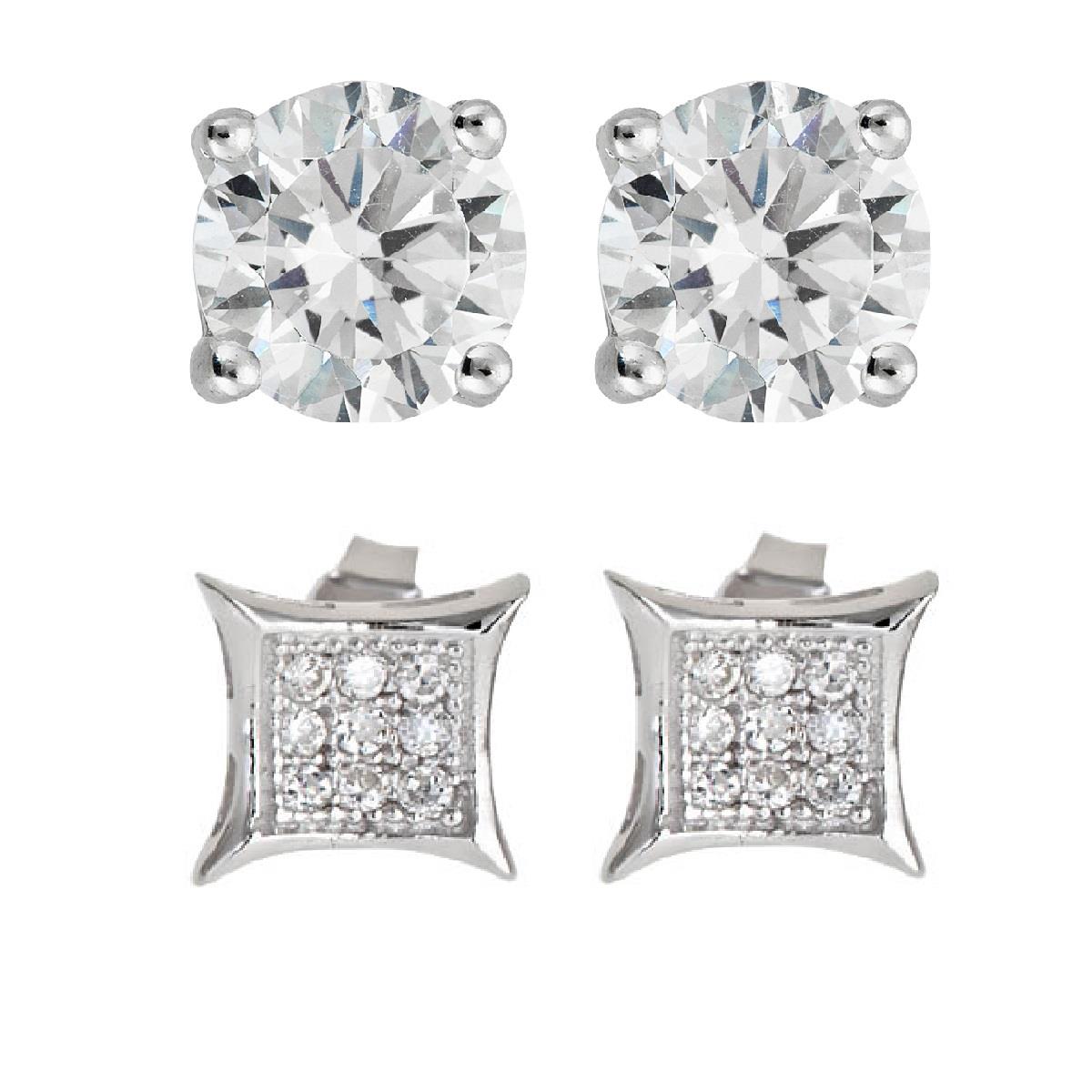 Platinum Plated Brass 8mm Pave Square & Round Stud Earring Set