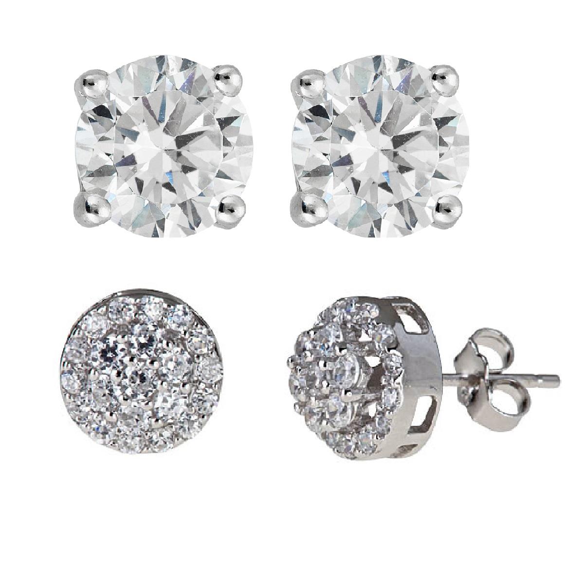 Platinum Plated Brass Cluster & Round Stud Earring Set