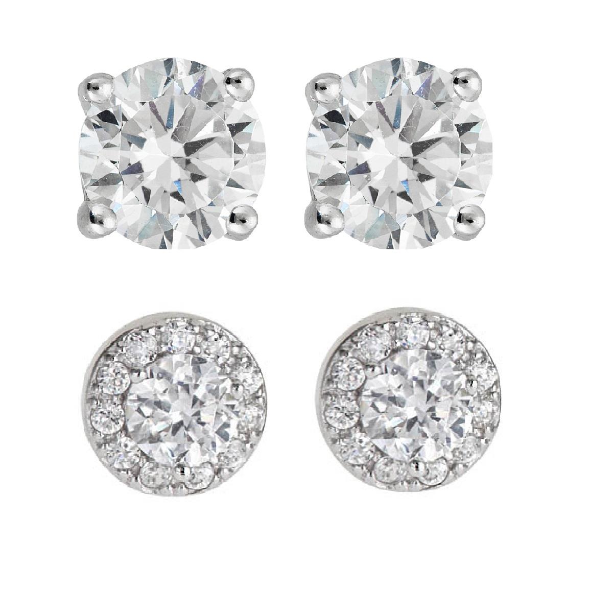 Platinum Plated Round Halo & Round Solitaire Stud Earring Set