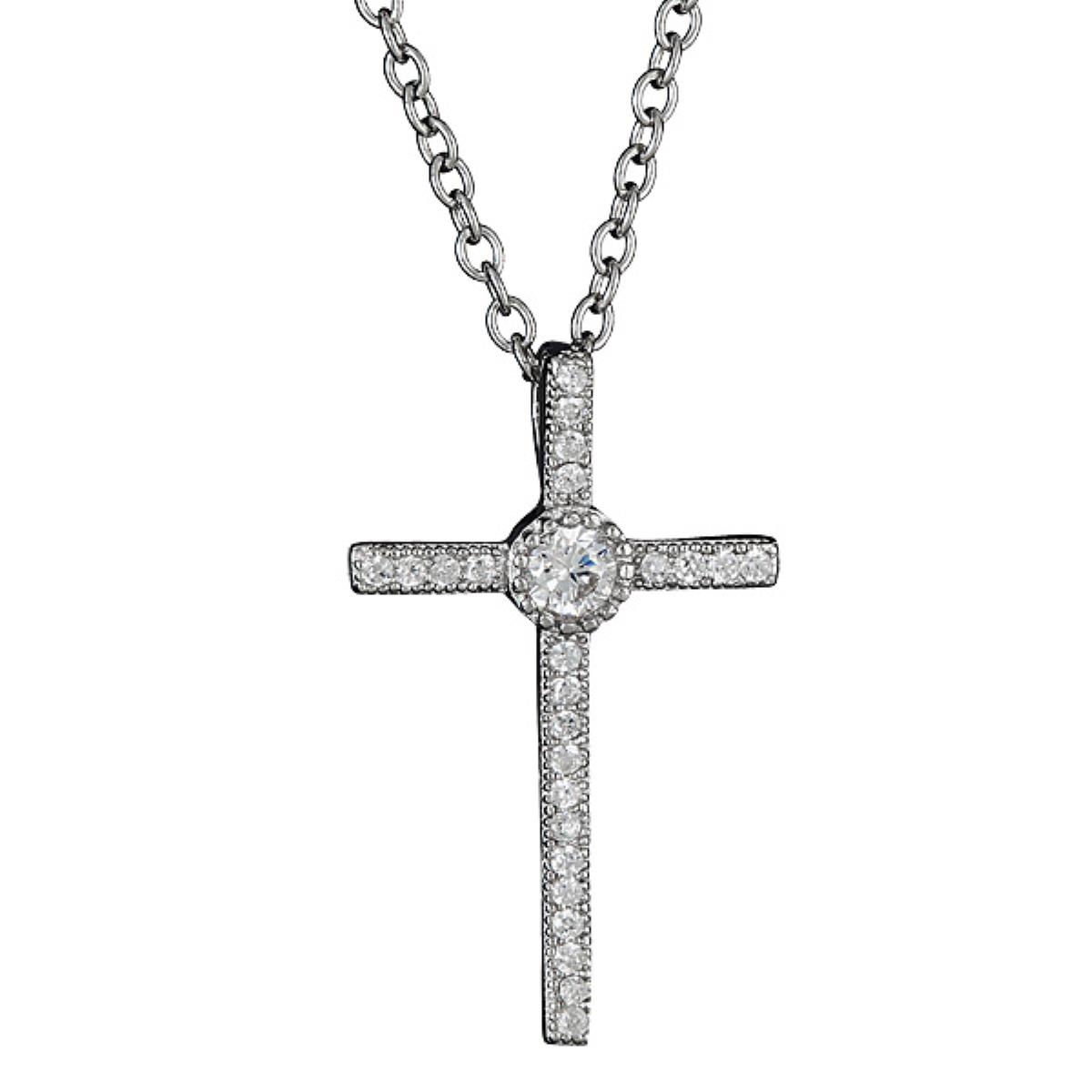 Platinum Plated Brass Micropave Cross Necklace