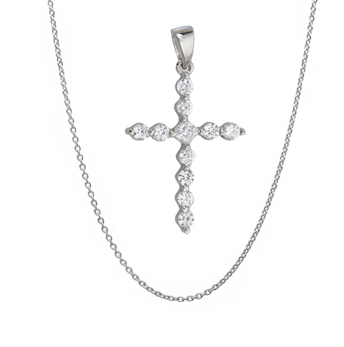 Platinum Plated Brass Pave Cross Necklace