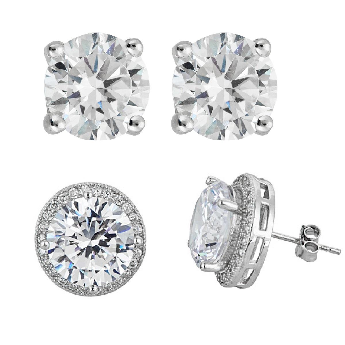 Platinum Plated Brass Large Round Halo Stud & Round Solitaire Stud Set