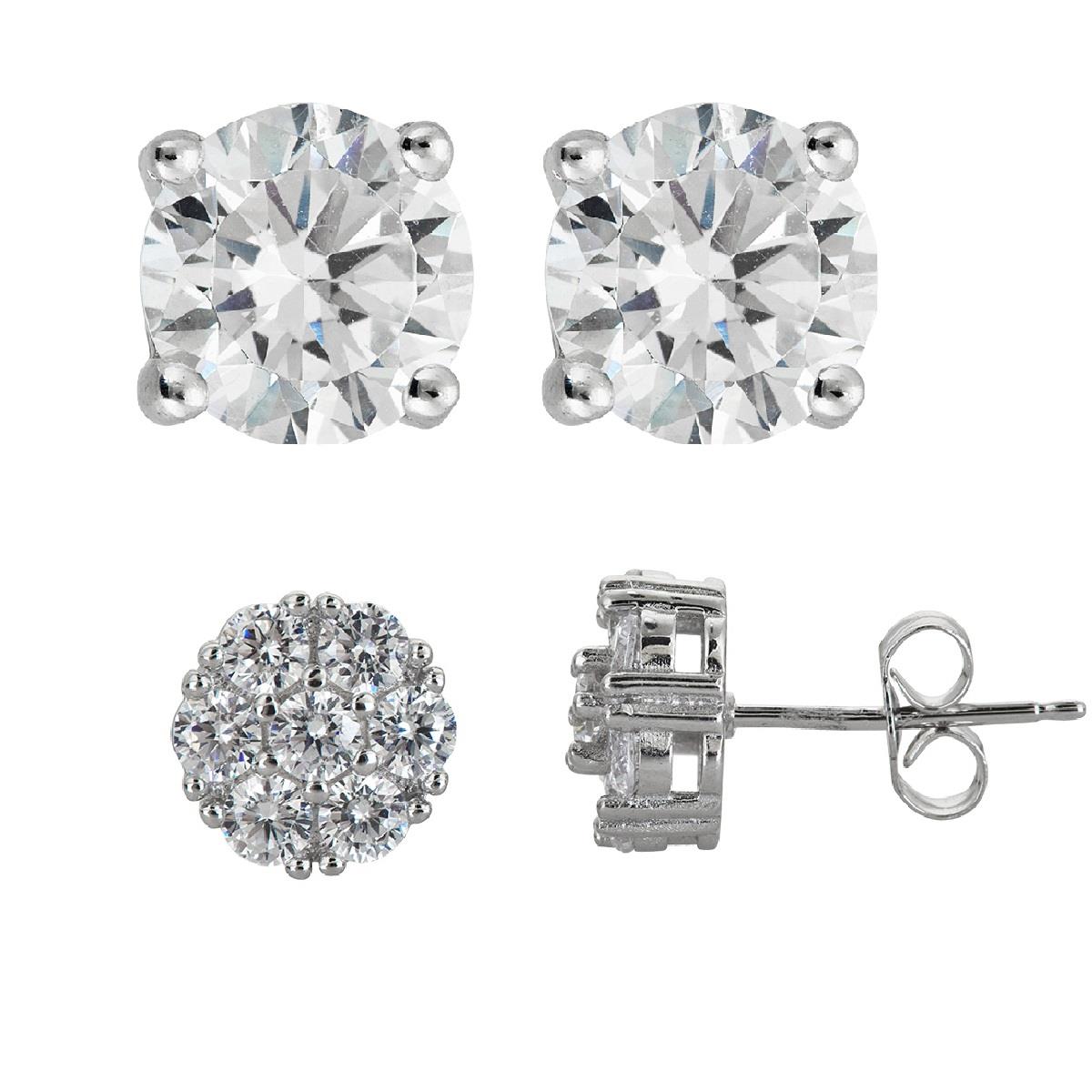 Platinum Plated Brass Round Cluster & Round Solitraire Stud Earring Set