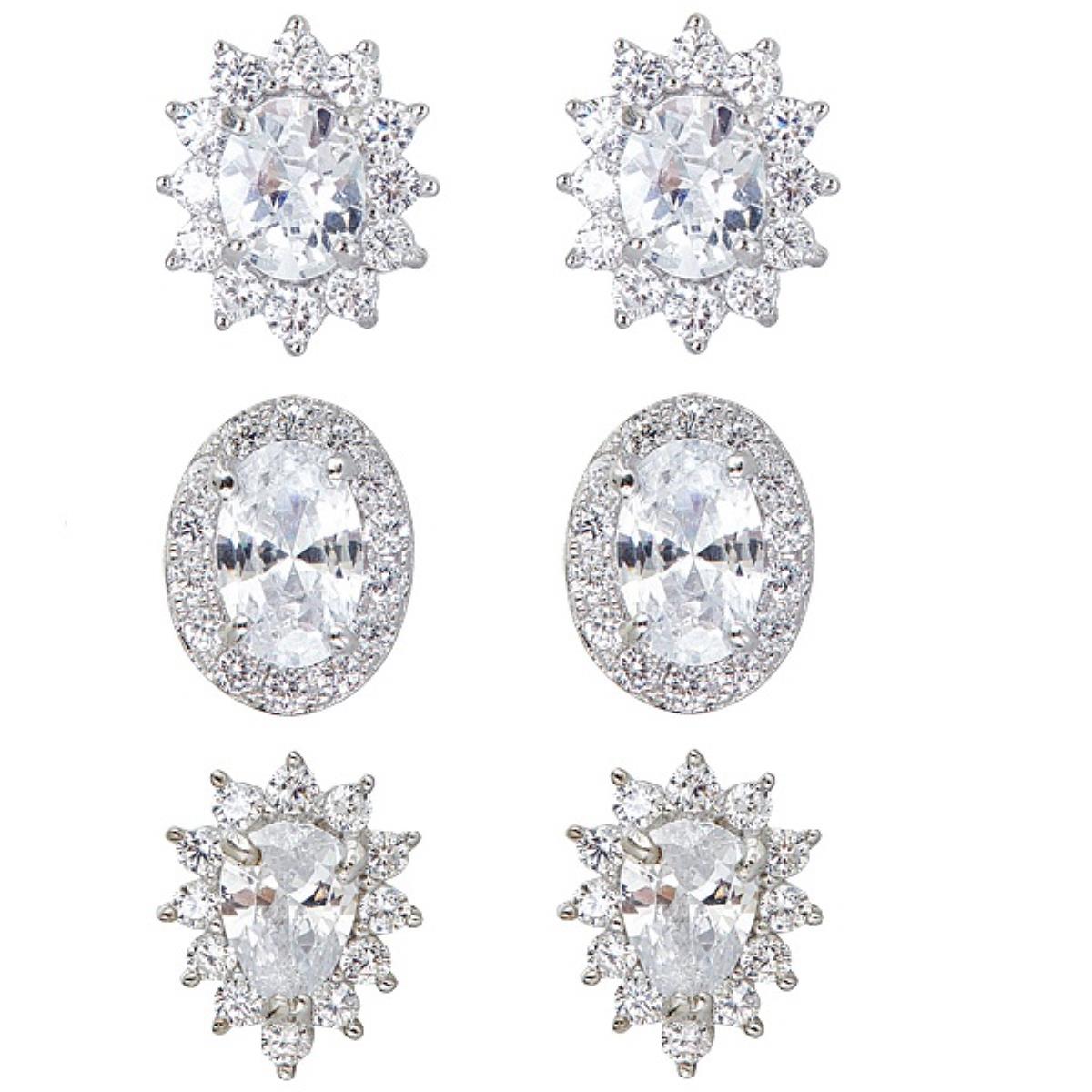 Platinum Plated Brass Oval Cluster, Pear Cluster, Oval halo Stud Set