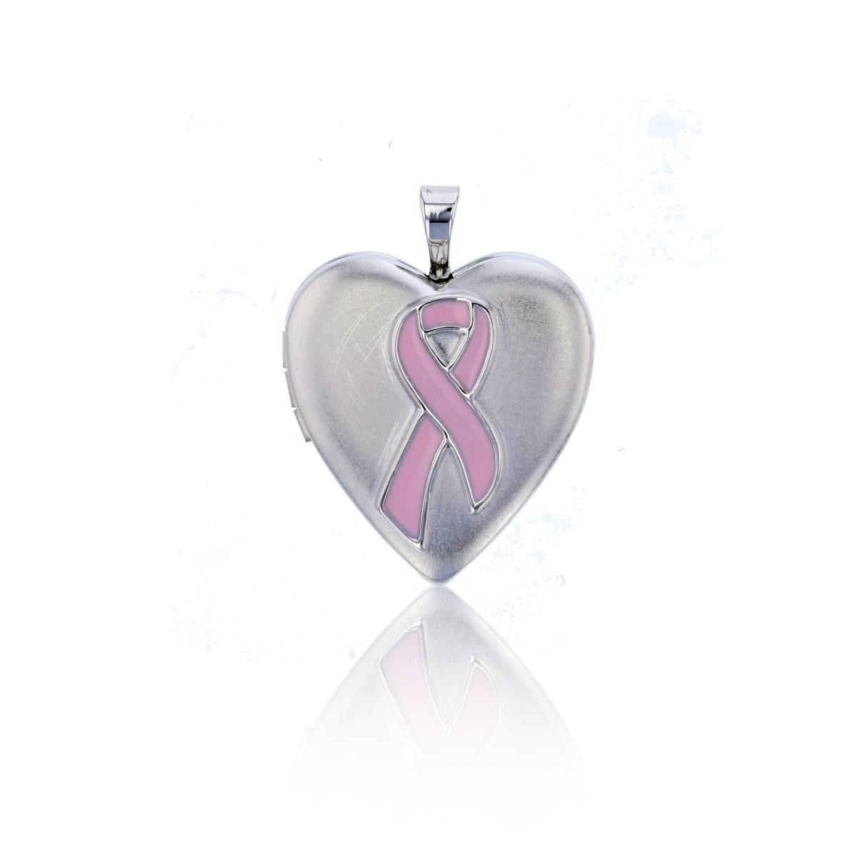 Sterling Silver Rhodium Satin Pink Ribbon 20mm Heart Locket Pendant with Diamond Accent