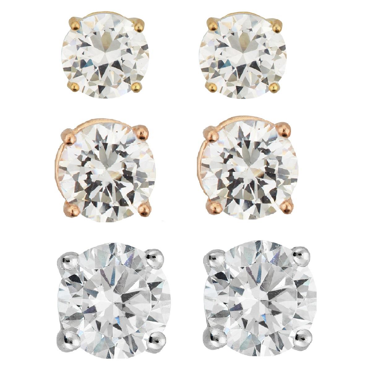Platinum Plated Brass 6,7,8MM Tricolor Round Stud Earring Set