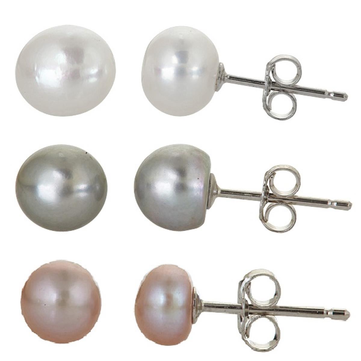 Platinum Plated Brass FWP 7-8MM White, Grey, Pink Stud Set