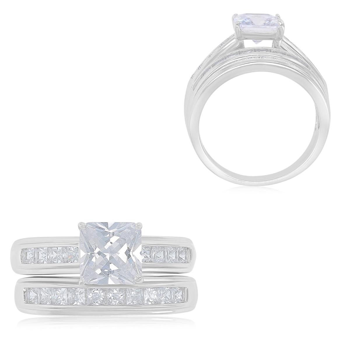 Sterling Silver Rhodium 7.00mm Princess Cut Channel Wedding Ring Set