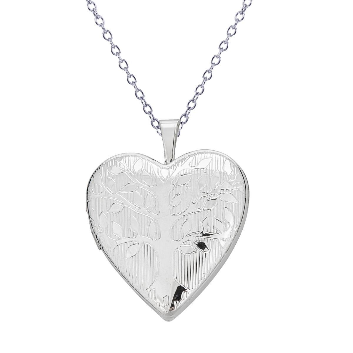 Sterling Silver Rhodium Tree of Life Heart Locket 18" Diamond Cut Cable Chain Necklace