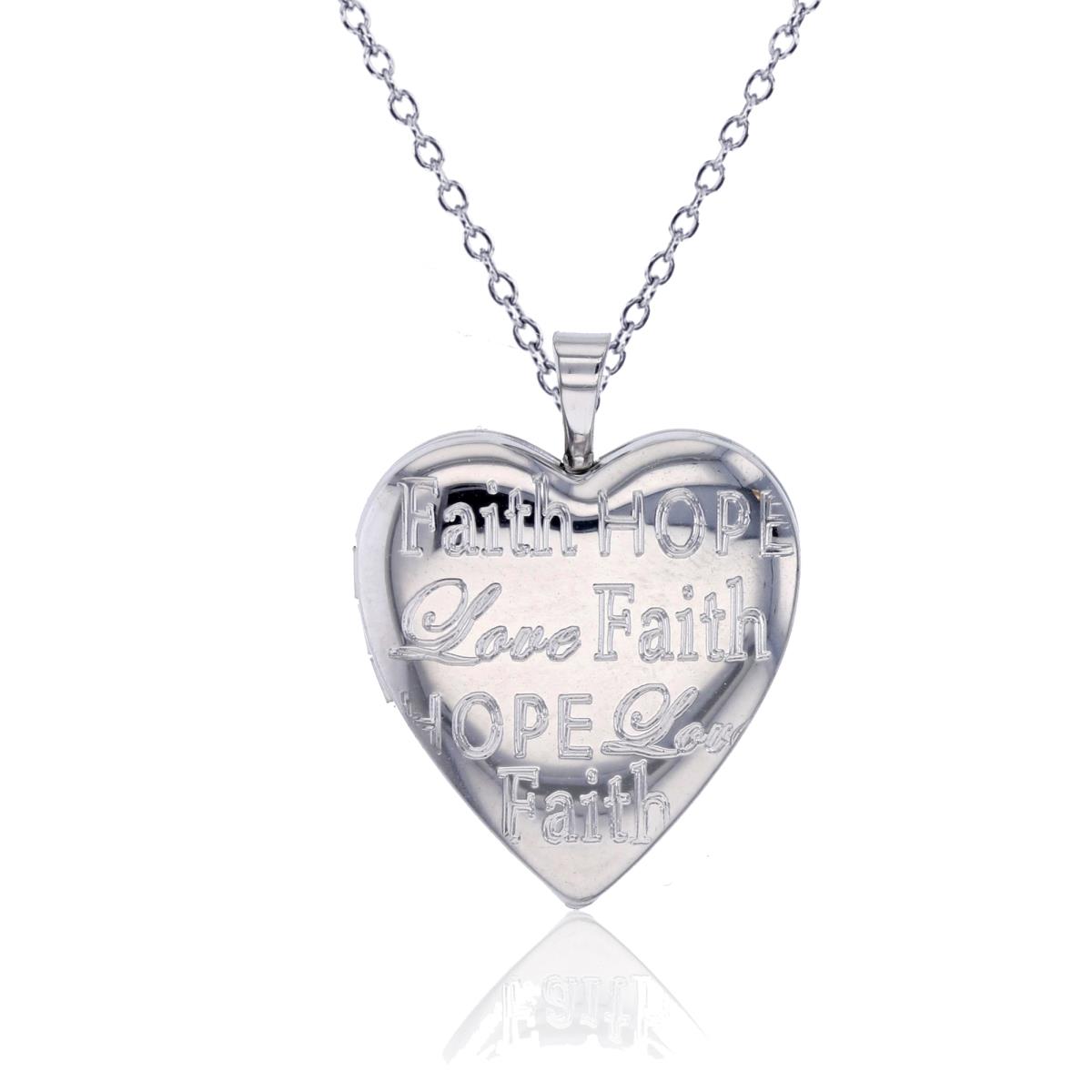 Sterling Silver Rhodium "Faith, Hope, Love" Heart Locket 18" Diamond Cut Cable Chain Necklace