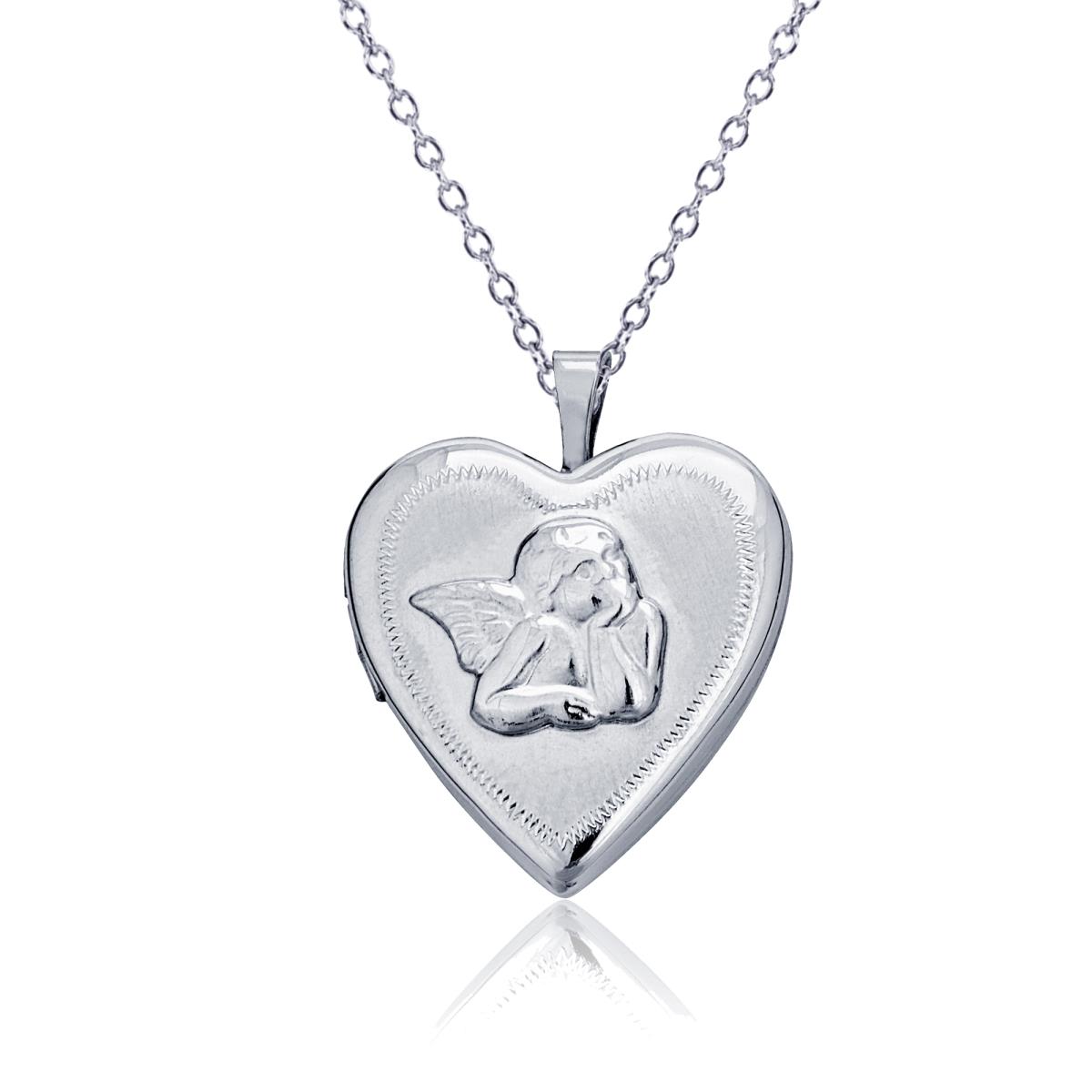 Sterling Silver Rhodium Satin Cherub Heart Locket 18" DC Cable Chain Necklace