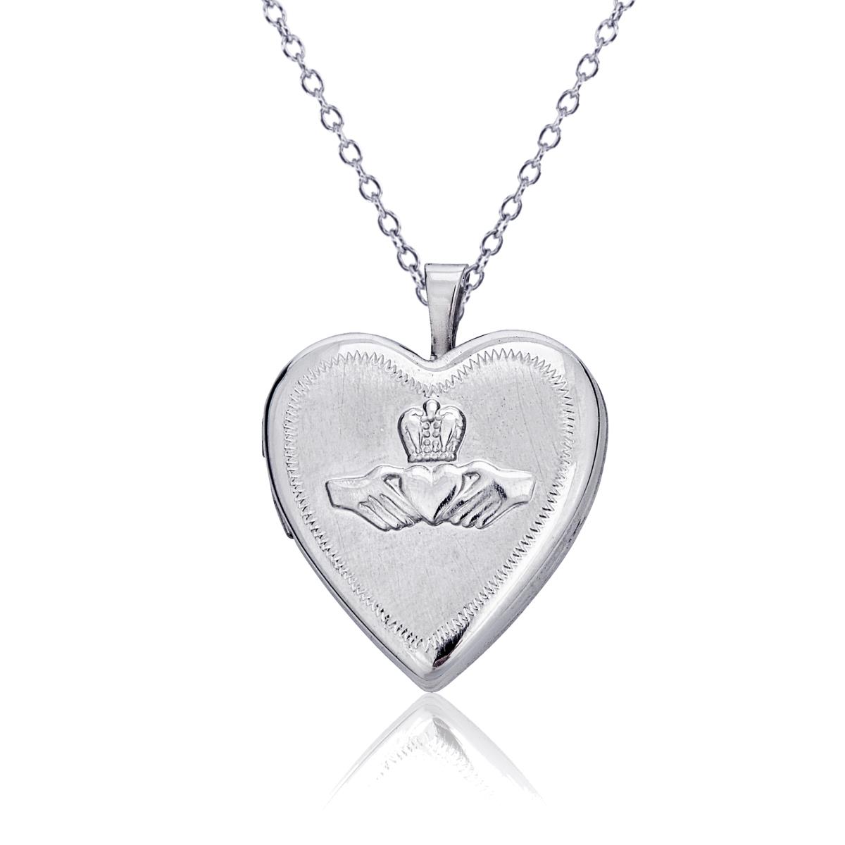 Sterling Silver Rhodium Satin Claddagh Heart Locket 18" DC Cable Chain Necklace