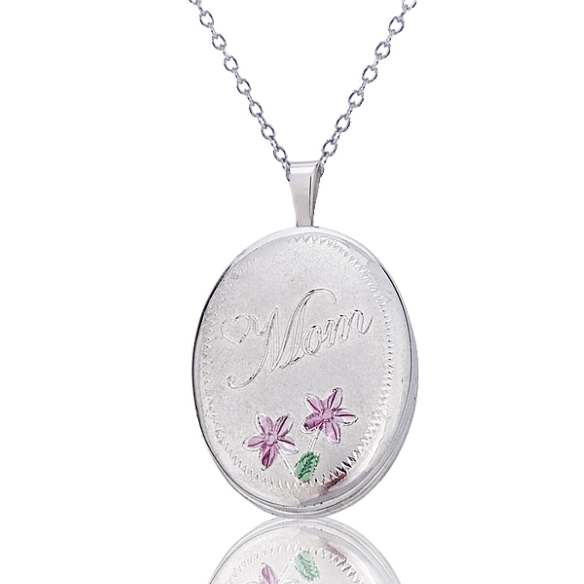Sterling Silver Rhodium Satin MOM and Flower Oval Locket 18" DC Cable Chain Necklace