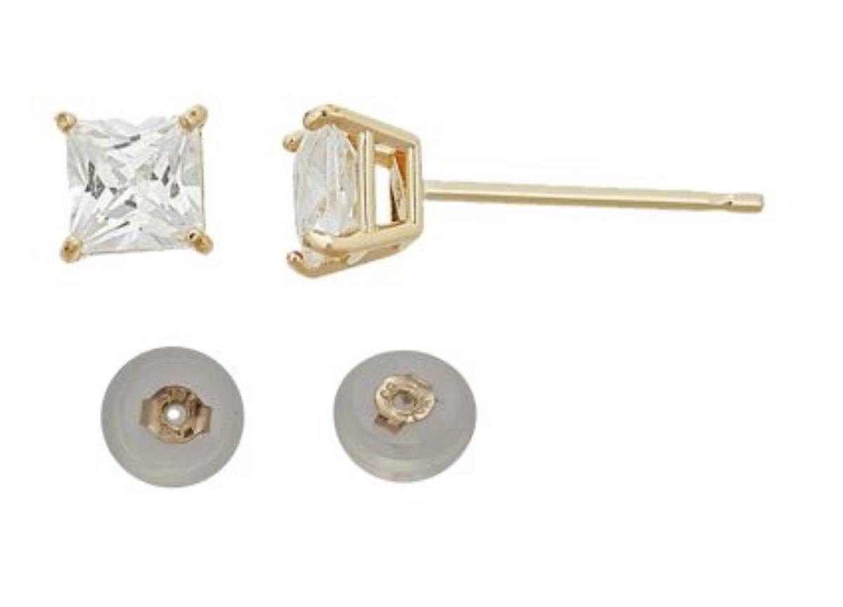 10K Yellow Gold Square Solitaire 2mm Stud & Silicone Bubble Back