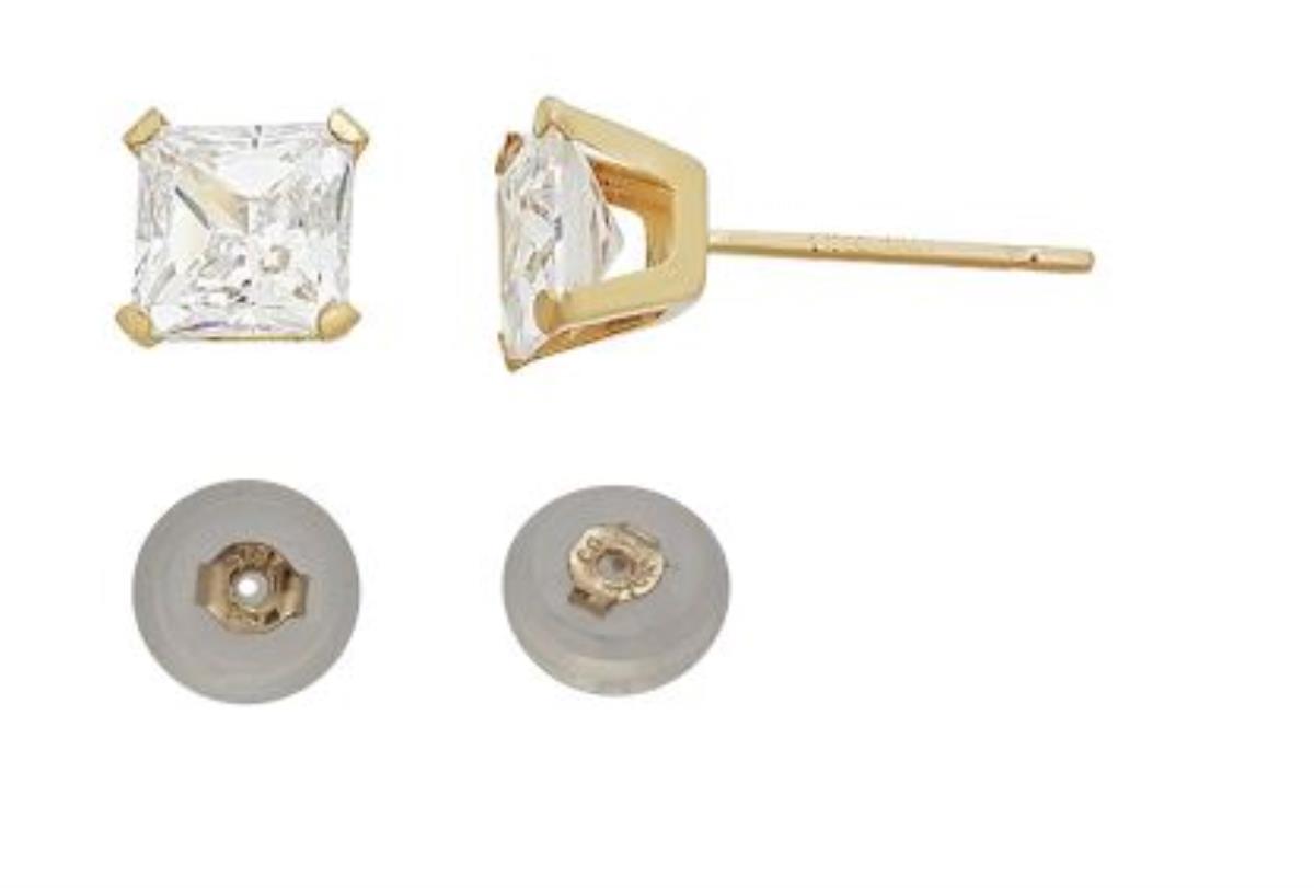 10K Yellow Gold 5x5 Square Solitaire Stud & Silicone Bubble Back