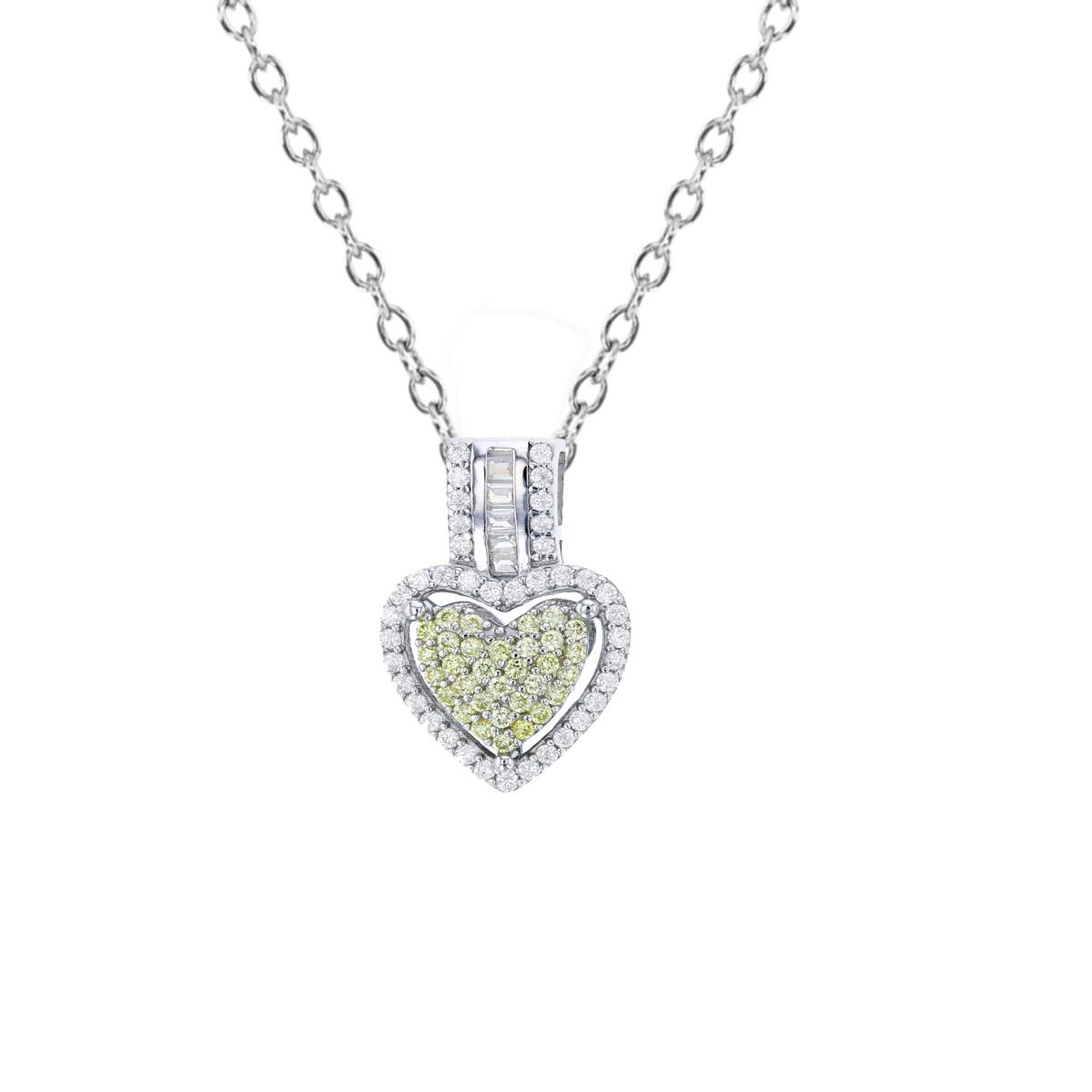 Sterling Silver Rhodium 19x12mm Micropave Canary Yellow+White Rd & Baguette CZ Heart 18" Necklace