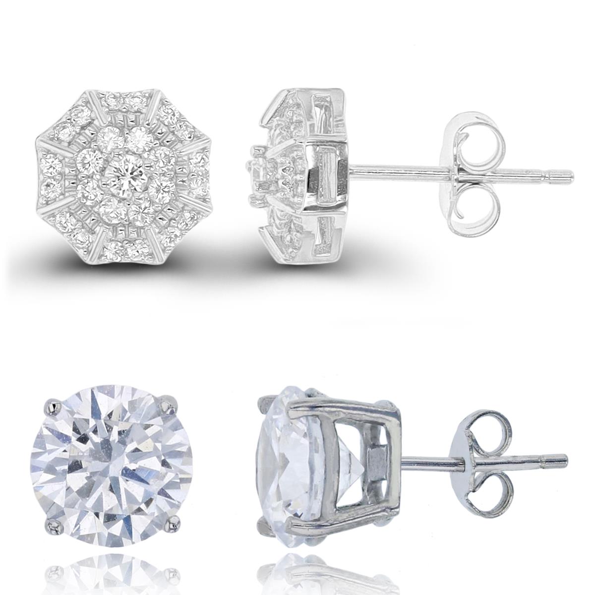 Sterling Silver Rhodium Paved Octagon & 8mm Rd Stud Earring Set