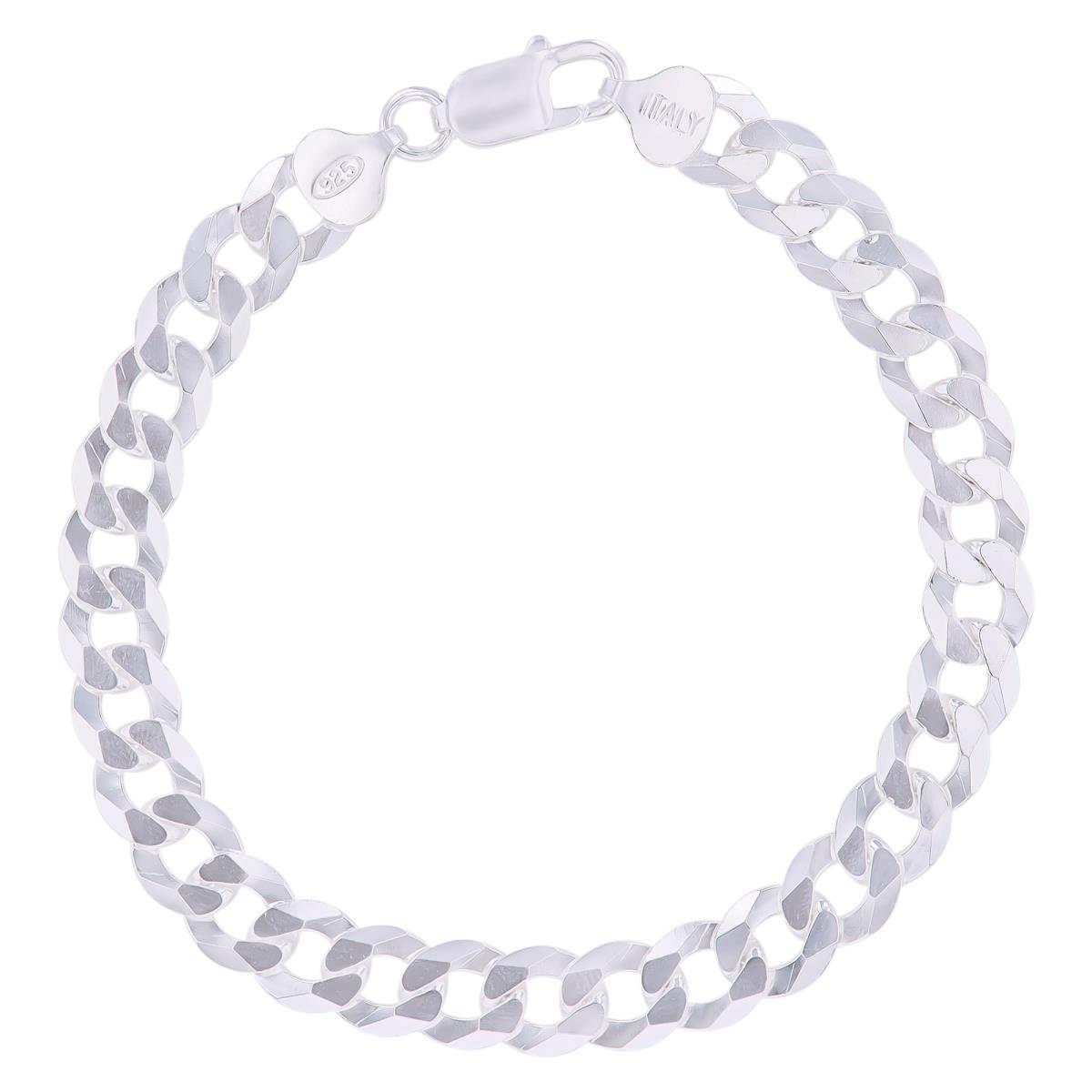 Sterling Silver Platinum Plated 8.7mm 250 Flat Curb 8.5"Chain Bracelet