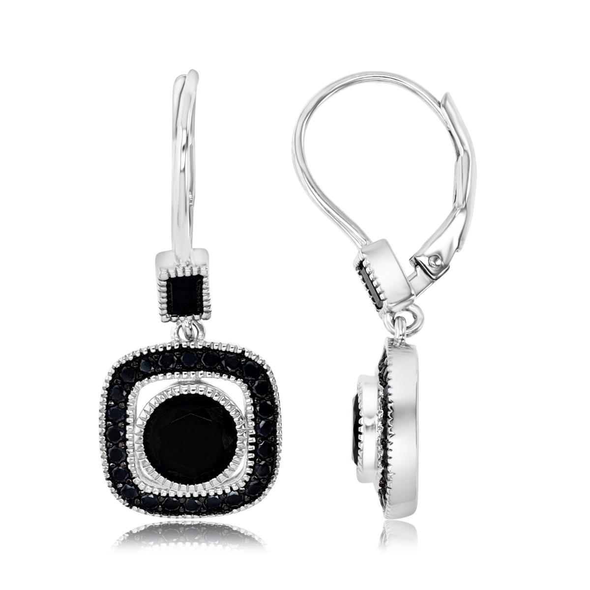 Sterling Silver Rhodium & Black 6mm Rd Black Spinel Cushion Shaped Lever Back Earring
