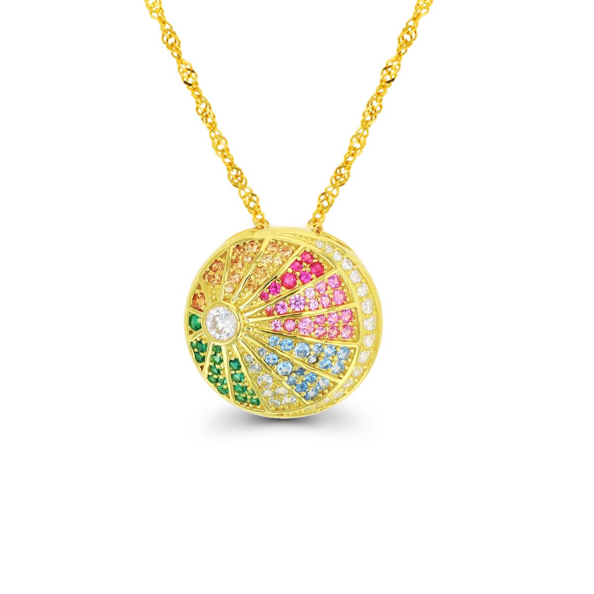 Sterling Silver Yellow 1-Micron Multi Color CZ Round Shell 18"+2" Necklace
