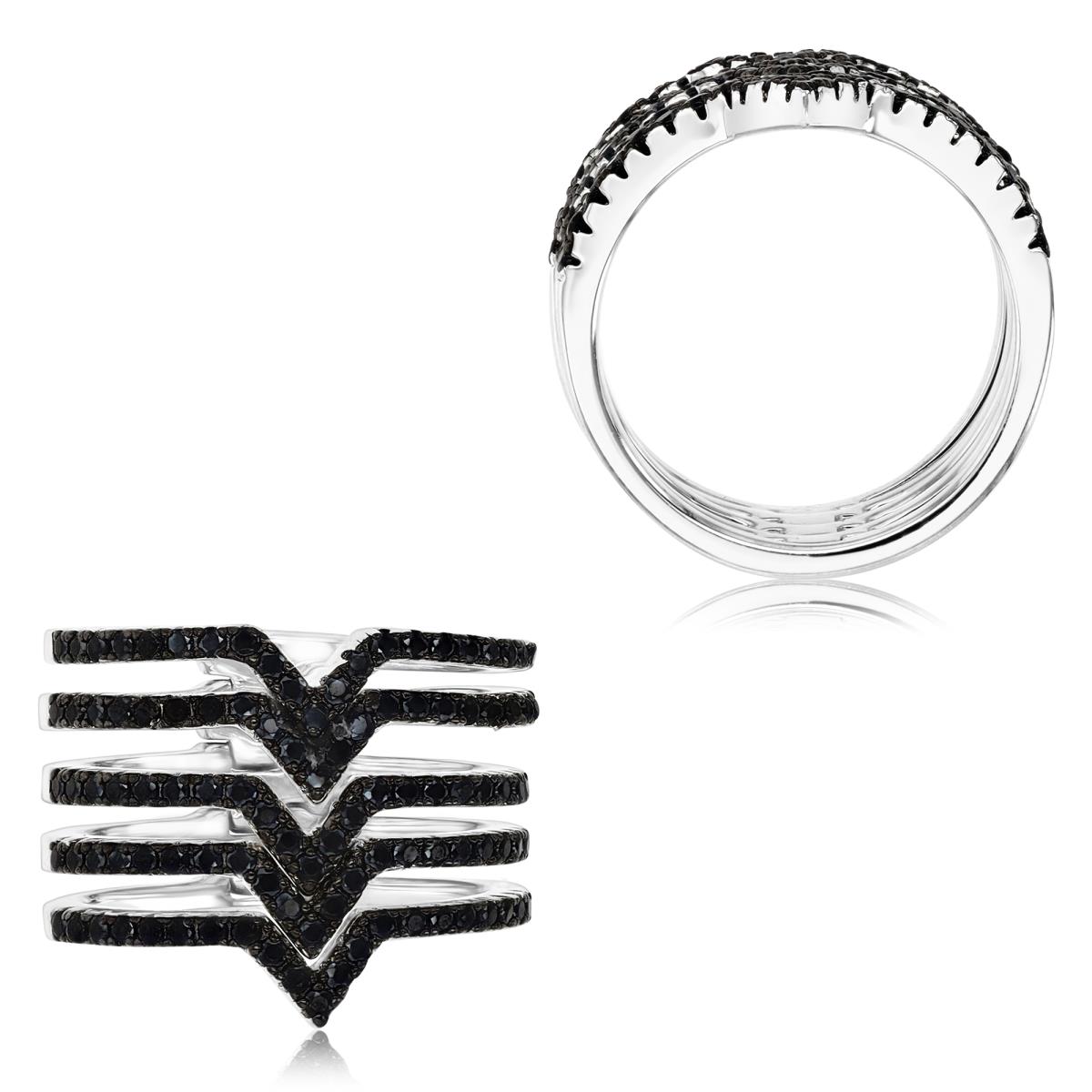 Sterling Silver Rhodium & Black  Black Spinel Micropave 5-Row V Fashion Ring