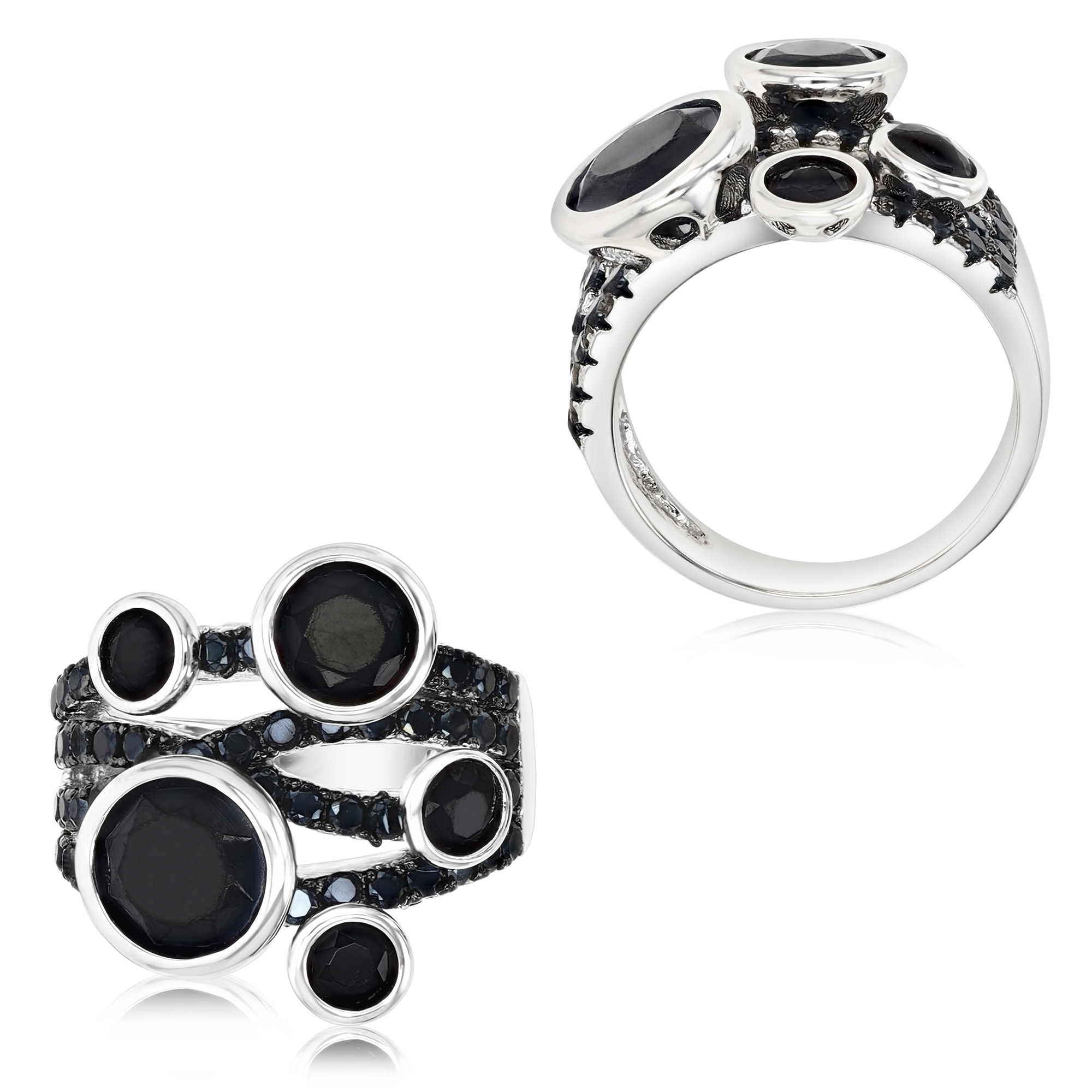 Sterling Silver Rhodium & Black Micropave Round Black Spinel Multisize Bezel Cocktail Fashion Ring
