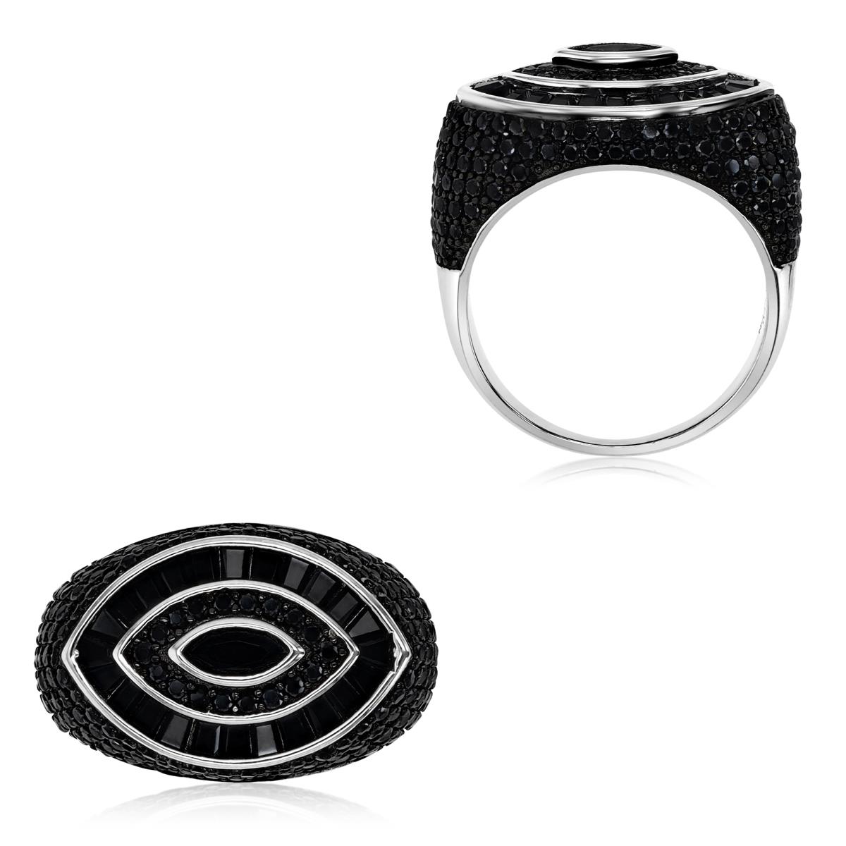 Sterling Silver Rhodium & Black 6x3mm MQ Bezel Center & Alternate Rnd/TB Black Spinel  MQ-Rows Pave Dome Ring