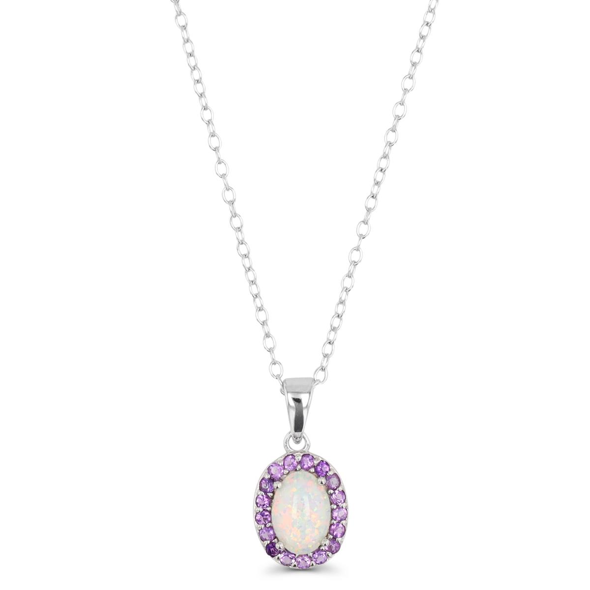 Sterling Silver Rhodium Created Opal & Amethyst Halo 18" Necklace