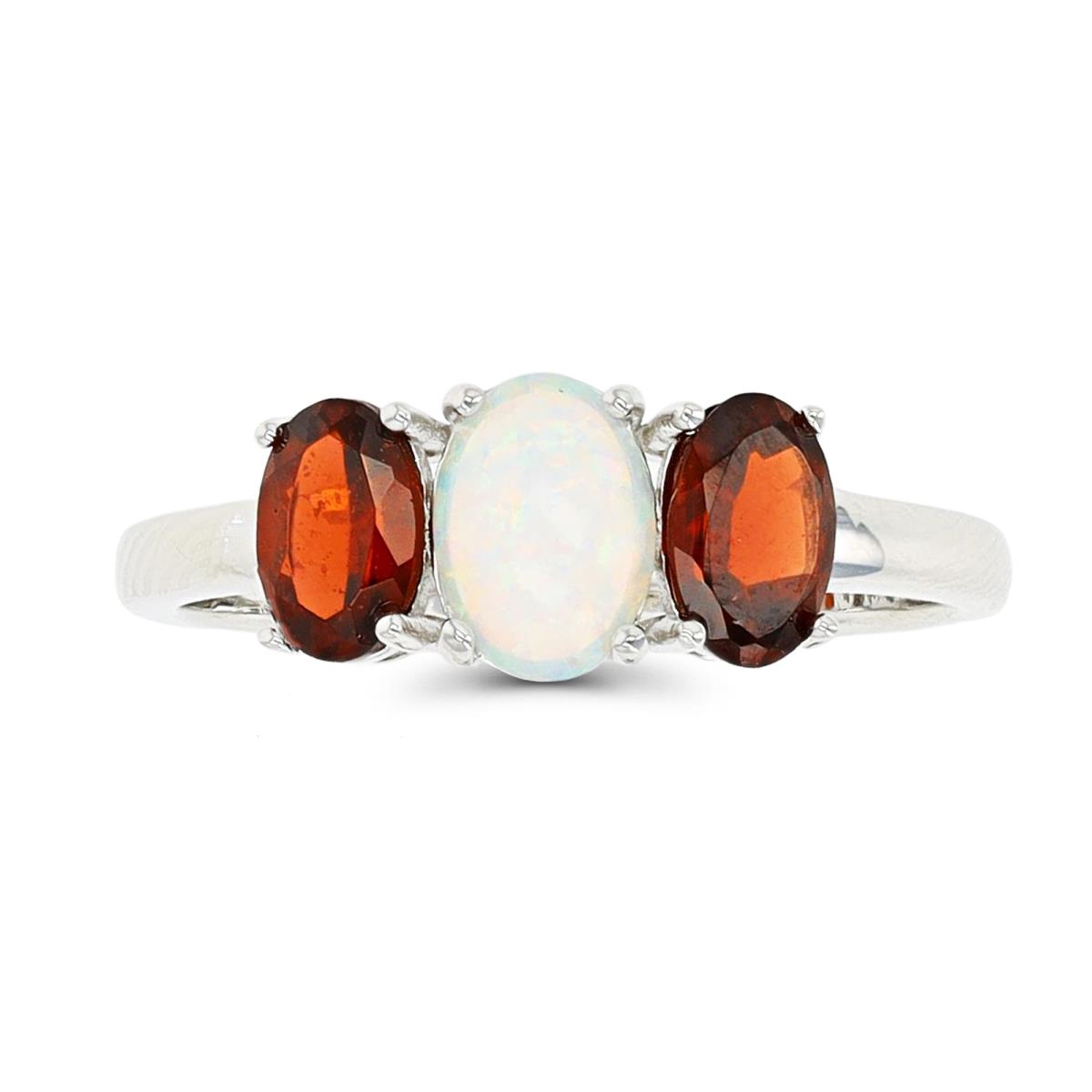 Sterling Silver Rhodium Created Opal & Garnet Oval Fashion Ring