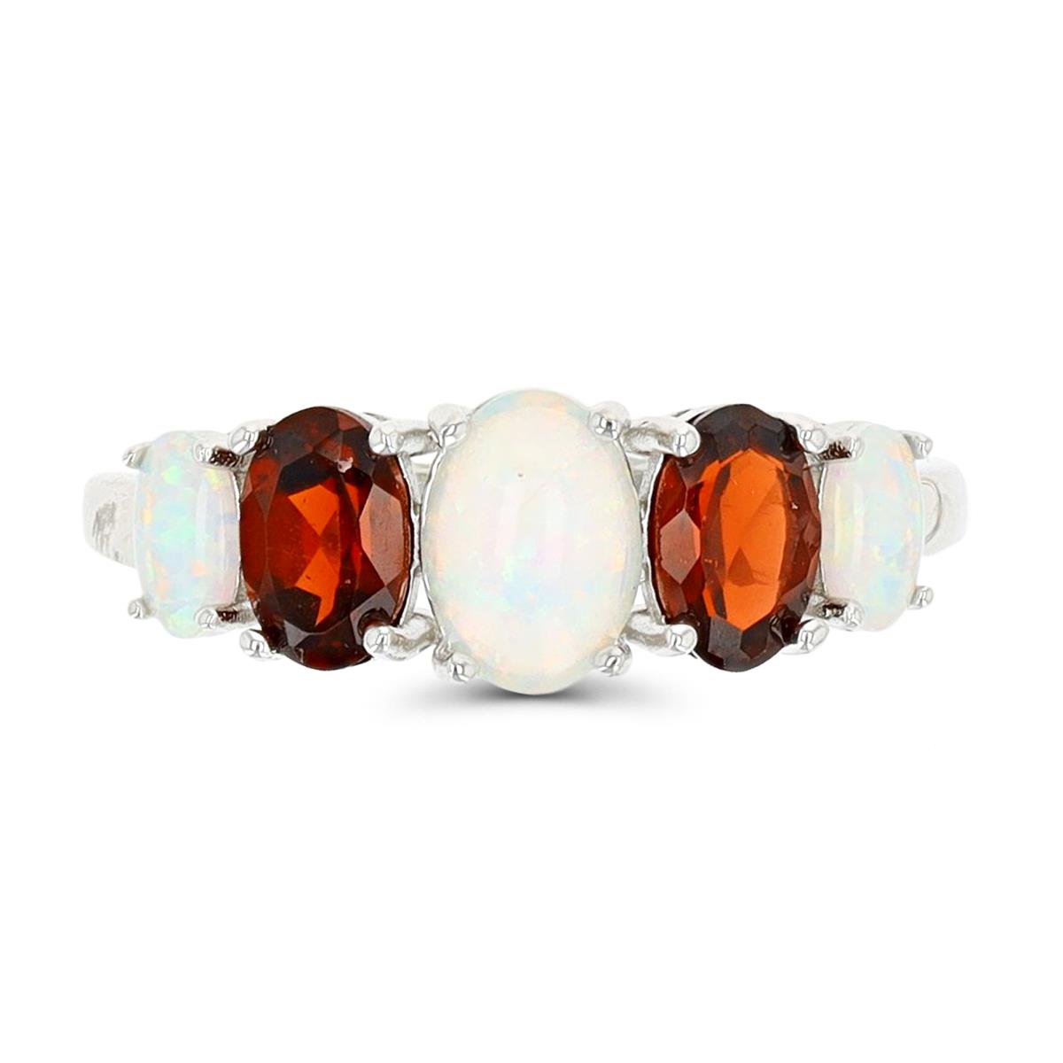 Sterling Silver Rhodium Created Opal & Garnet Oval Anniversary Ring