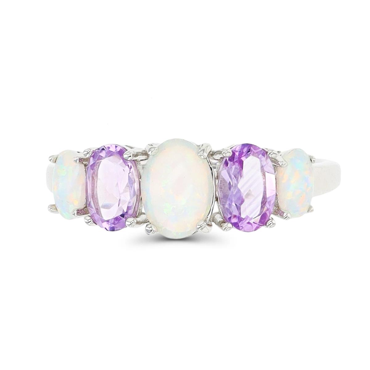 Sterling Silver Rhodium Created Opal & Amethyst Oval Anniversary Ring