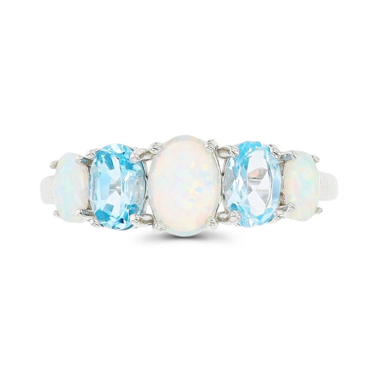 Sterling Silver Rhodium Created Opal & Blue Topaz Oval Anniversary Ring