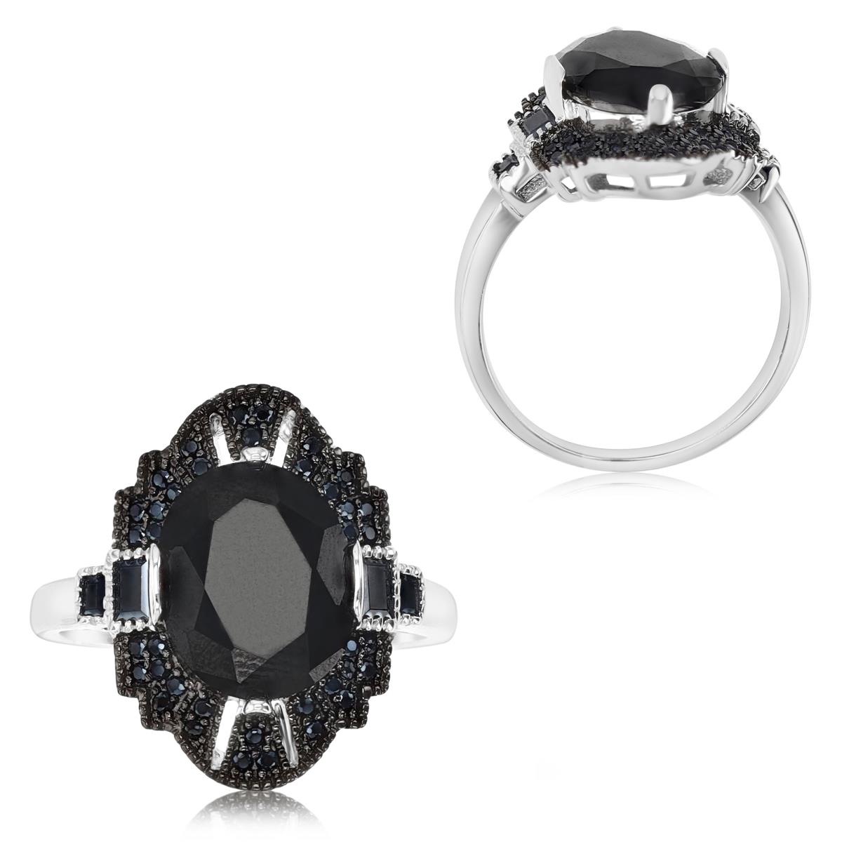 Sterling Silver Rhodium & Black 11x9mm Ov Black Spinel Milgrain Framed Ring