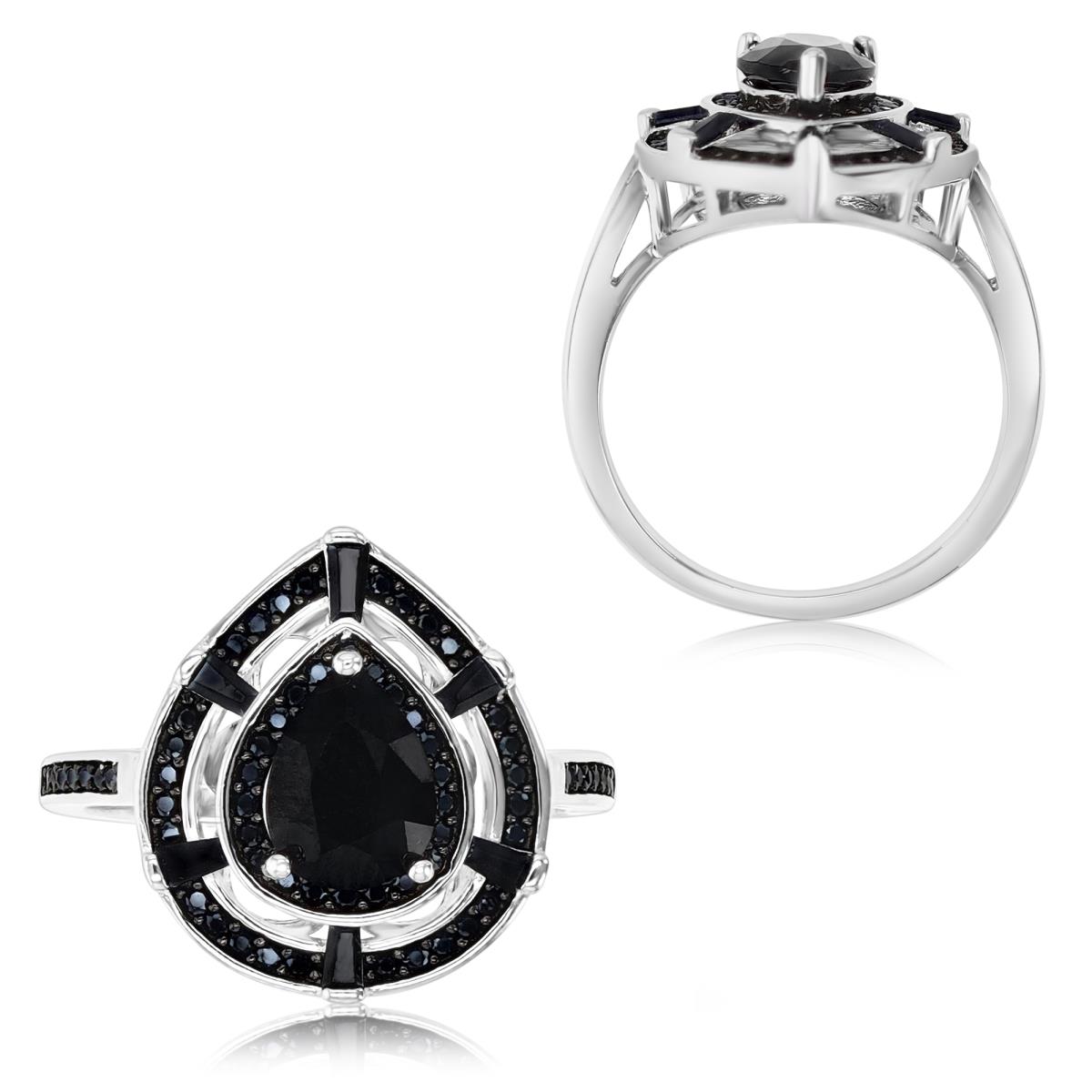 Sterling Silver Rhodium & Black 8x6mm PS & Rnd / TB Black Spinel Double Halo PS-Ring