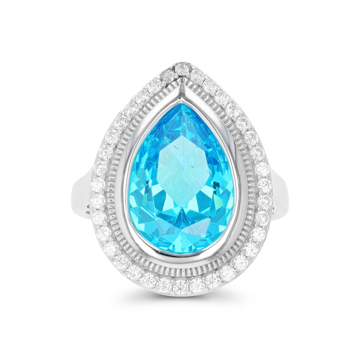 Sterling Silver Rhodium White CZ & Med Blue Pear 14x10mm  Halo Fashion 070 Ring