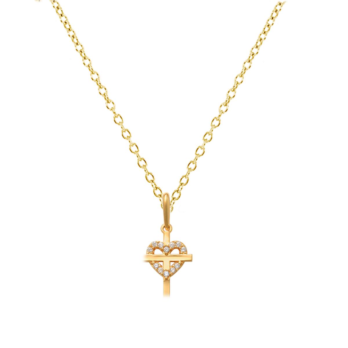 14K Yellow Gold Cross Heart White CZ 18" Necklace